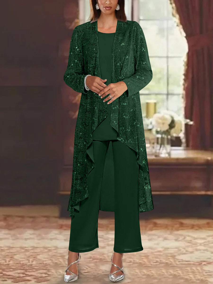 Chiffon pantsuit with sequin embellishments for mother of the bride, featuring a silver scoop neck and ankle-length design. 30
