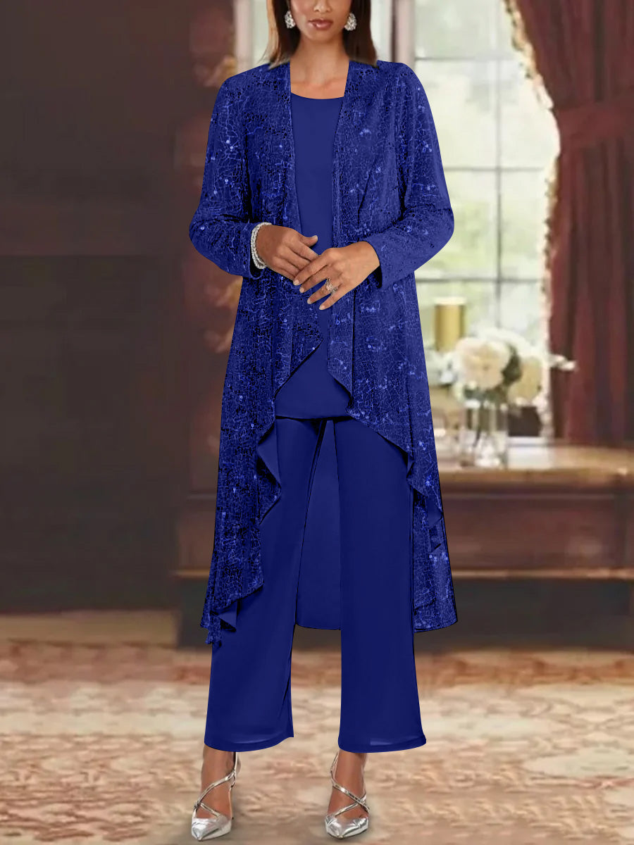 Chiffon pantsuit with sequin embellishments for mother of the bride, featuring a silver scoop neck and ankle-length design. 51