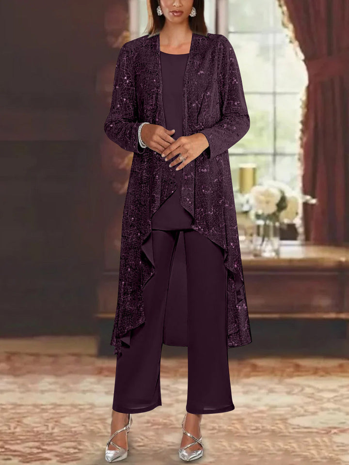 Chiffon pantsuit with sequin embellishments for mother of the bride, featuring a silver scoop neck and ankle-length design. 6