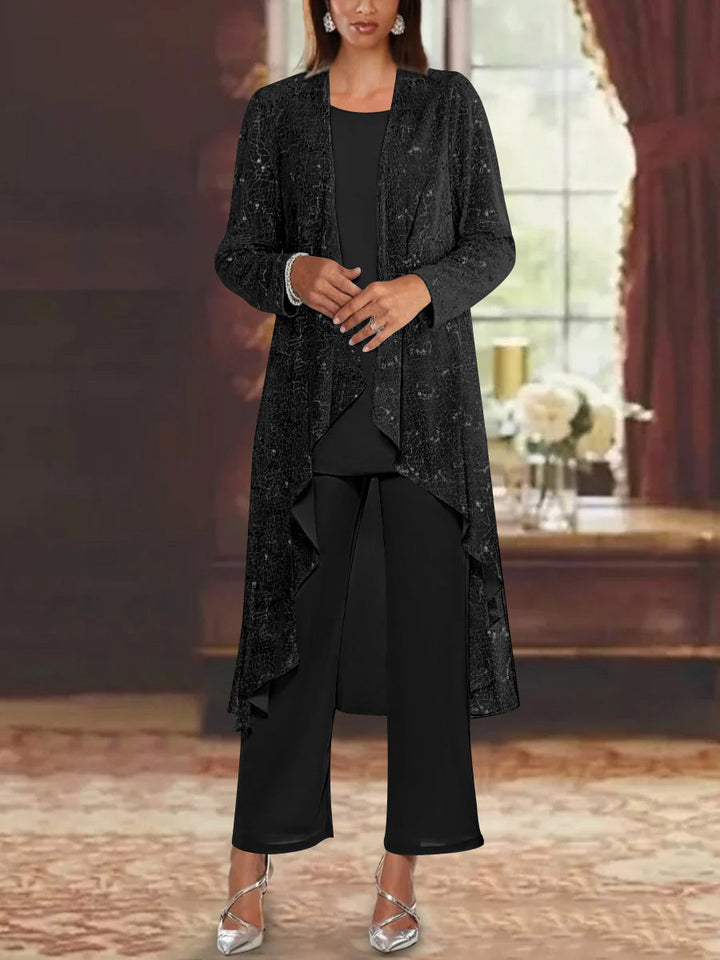 Chiffon pantsuit with sequin embellishments for mother of the bride, featuring a silver scoop neck and ankle-length design. 7