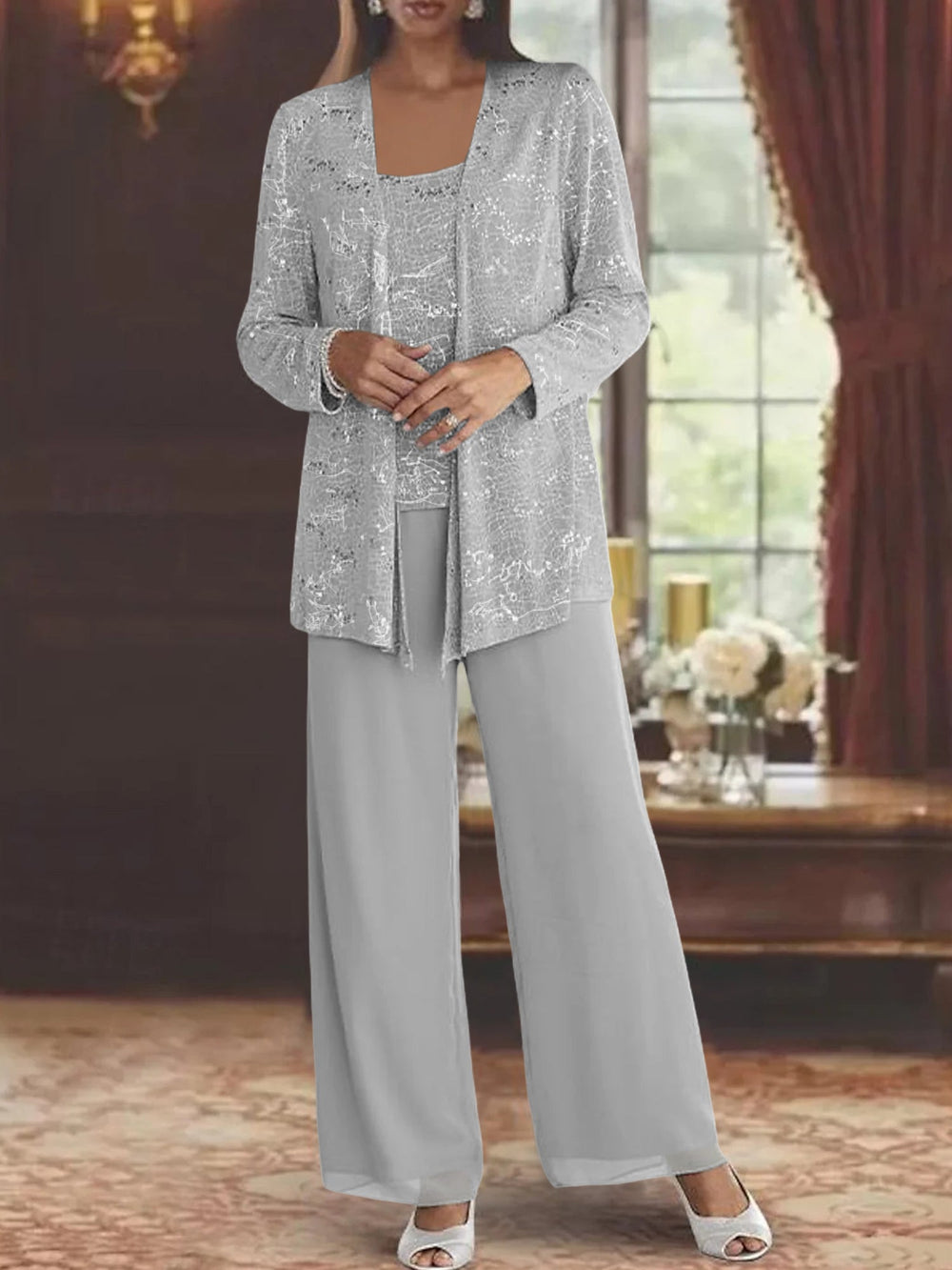 Chiffon Pantsuit with Sequins and Jacket – Elegant Mother of the Bride Outfit for Weddings – Silver Ankle-Length Design 0