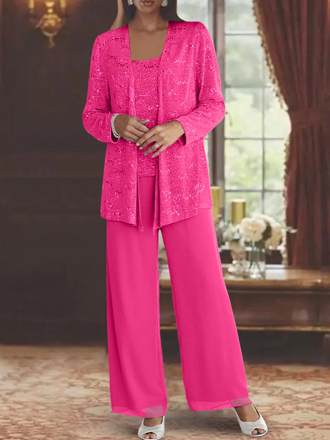 Chiffon Pantsuit with Sequins and Jacket – Elegant Mother of the Bride Outfit for Weddings – Silver Ankle-Length Design 22