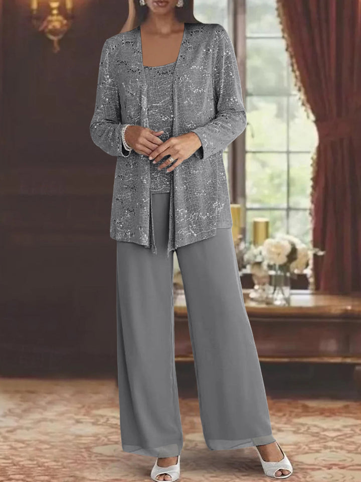 Chiffon Pantsuit with Sequins and Jacket – Elegant Mother of the Bride Outfit for Weddings – Silver Ankle-Length Design 27