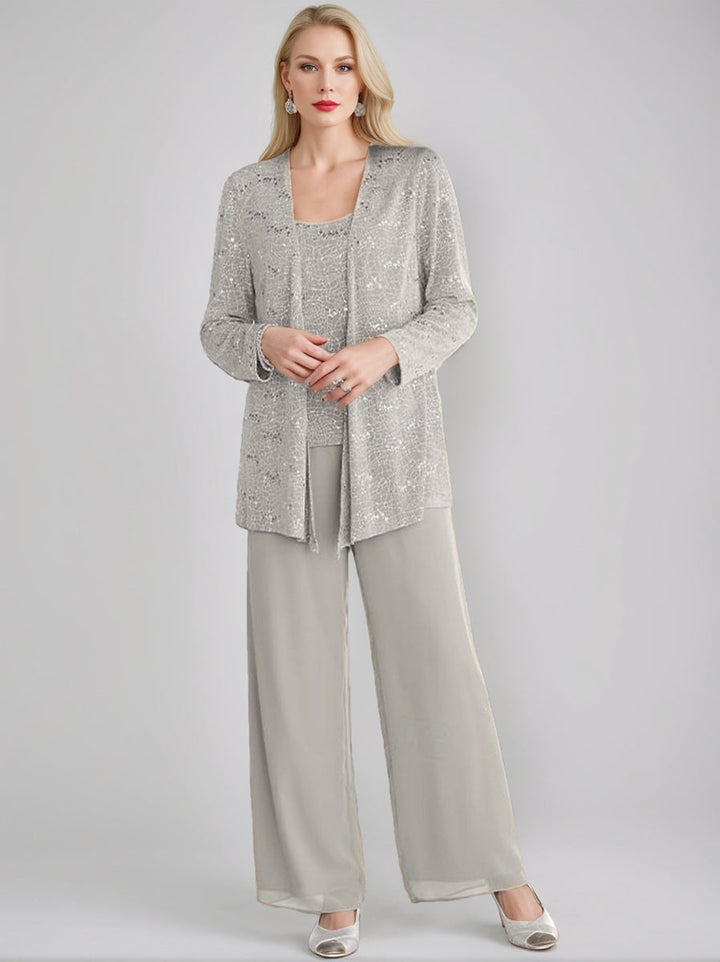 Chiffon Pantsuit with Sequins and Jacket – Elegant Mother of the Bride Outfit for Weddings – Silver Ankle-Length Design 3