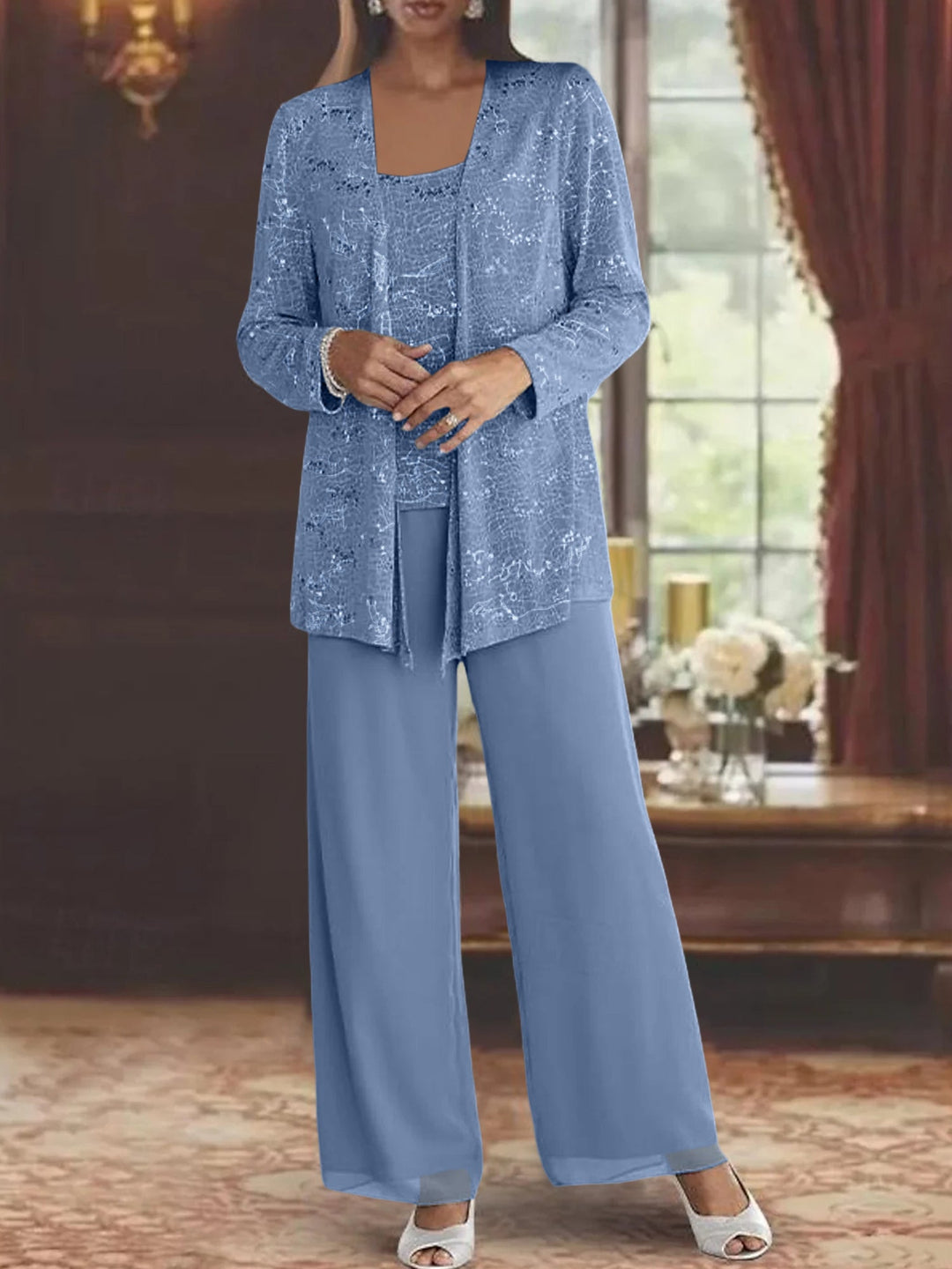 Chiffon Pantsuit with Sequins and Jacket – Elegant Mother of the Bride Outfit for Weddings – Silver Ankle-Length Design 8