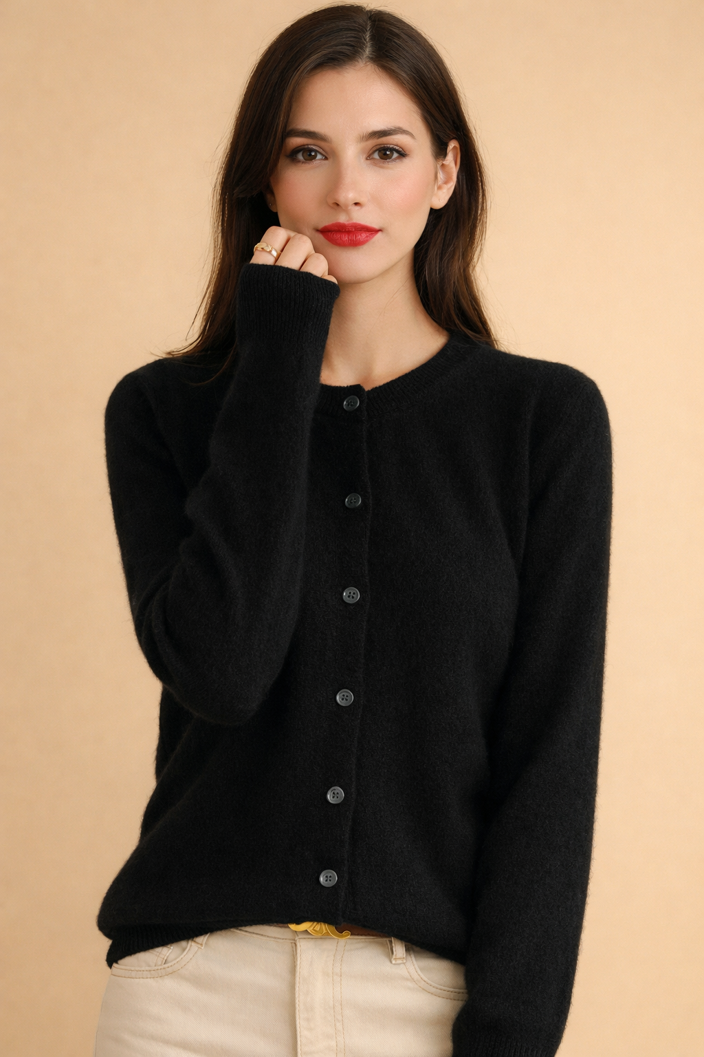Classic Round Neck Cardigan with Front Buttons – Soft Fabric White Cardigan for Women 0