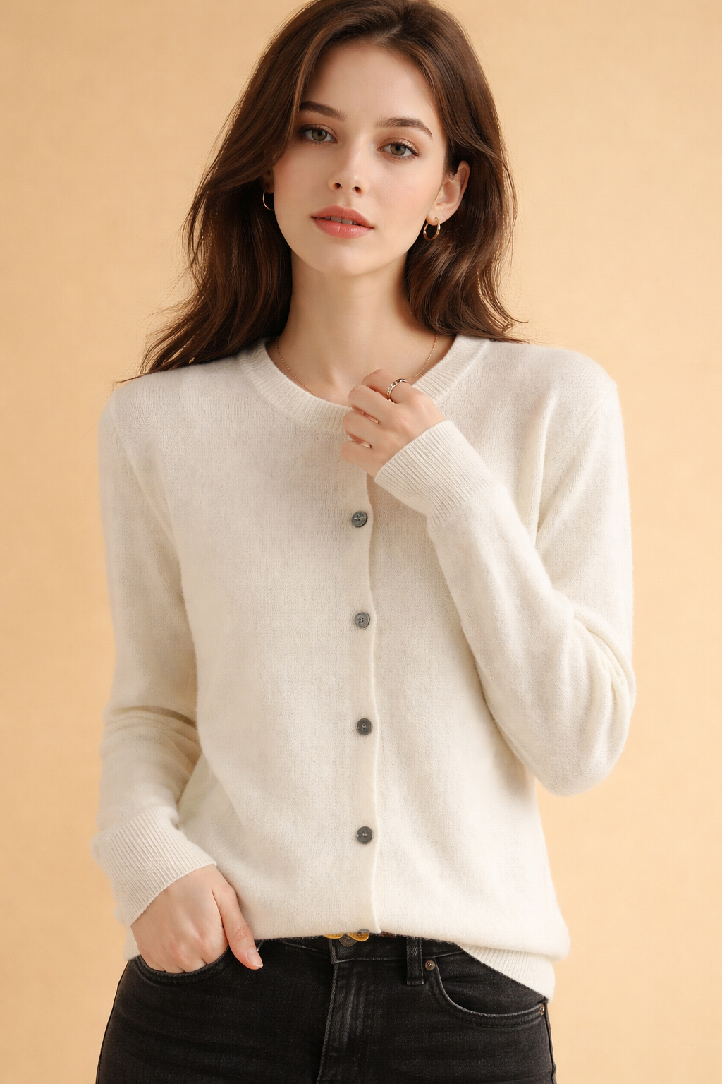 Classic Round Neck Cardigan with Front Buttons – Soft Fabric White Cardigan for Women 3