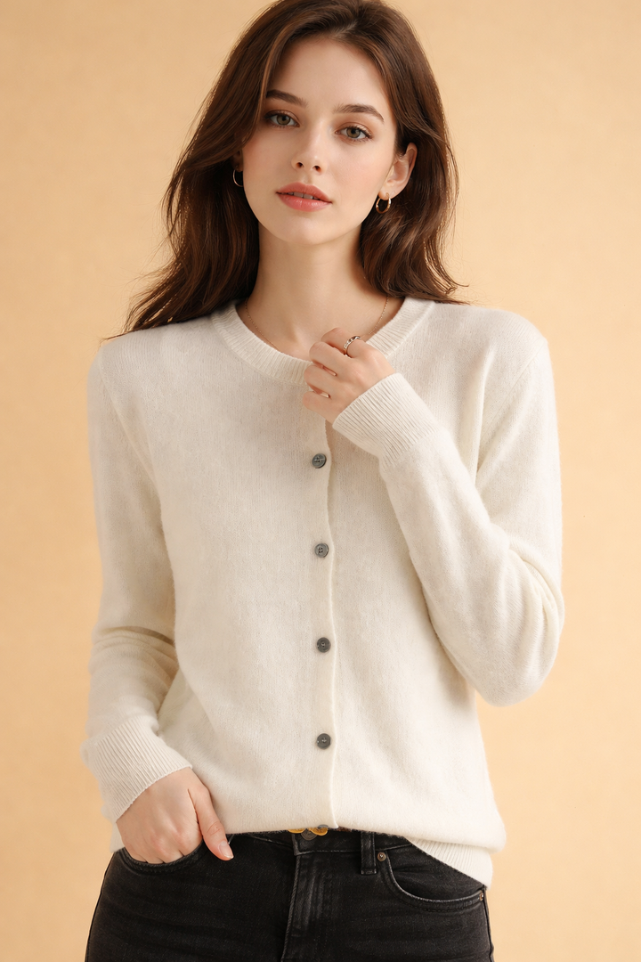 Classic Round Neck Cardigan with Front Buttons – Soft Fabric White Cardigan for Women 3
