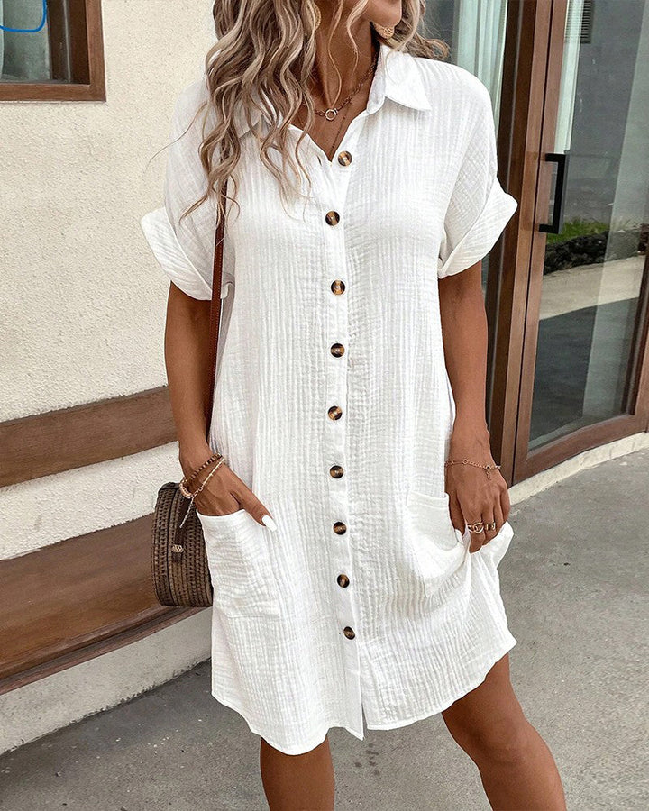 Cotton Shirt Dress with Button Closure and Patched Pockets – Casual Summer Style – Knee-Length 0