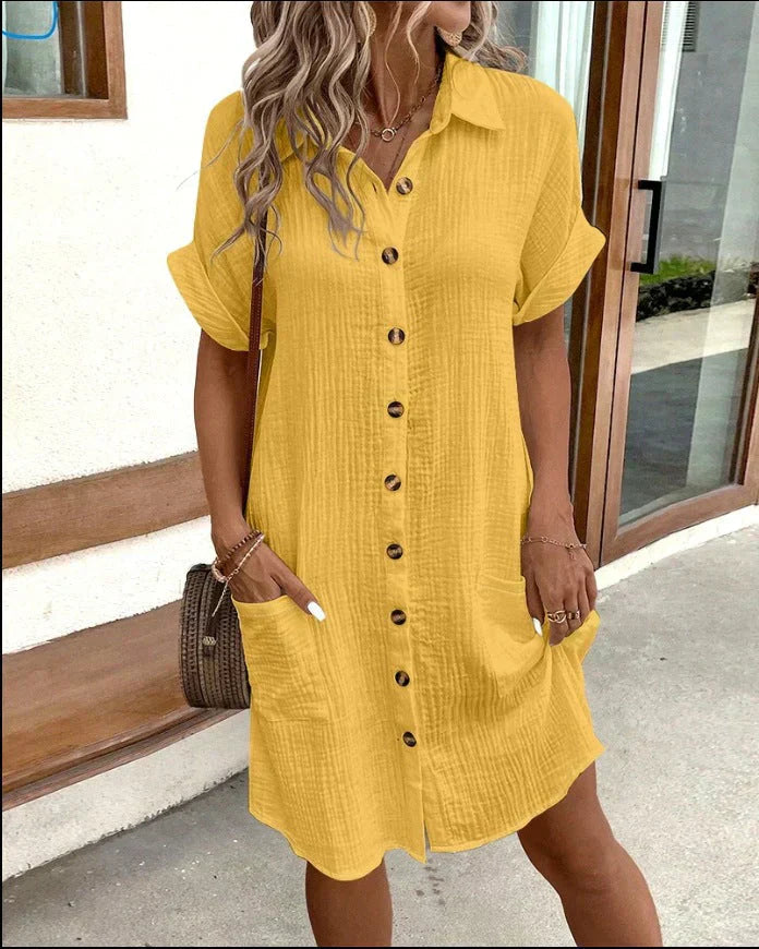 Cotton Shirt Dress with Button Closure and Patched Pockets – Casual Summer Style – Knee-Length 1