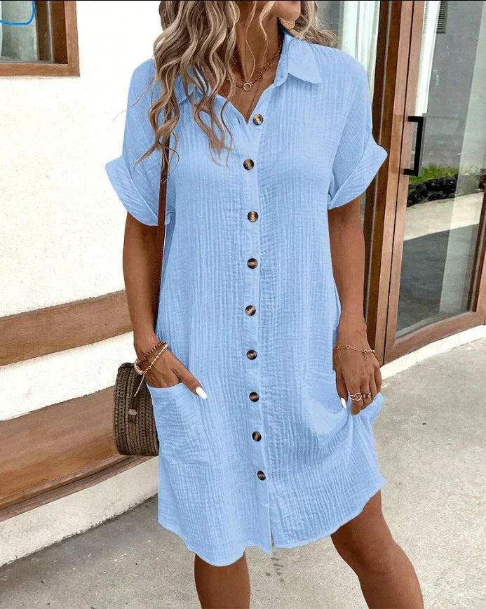 Cotton Shirt Dress with Button Closure and Patched Pockets – Casual Summer Style – Knee-Length 2