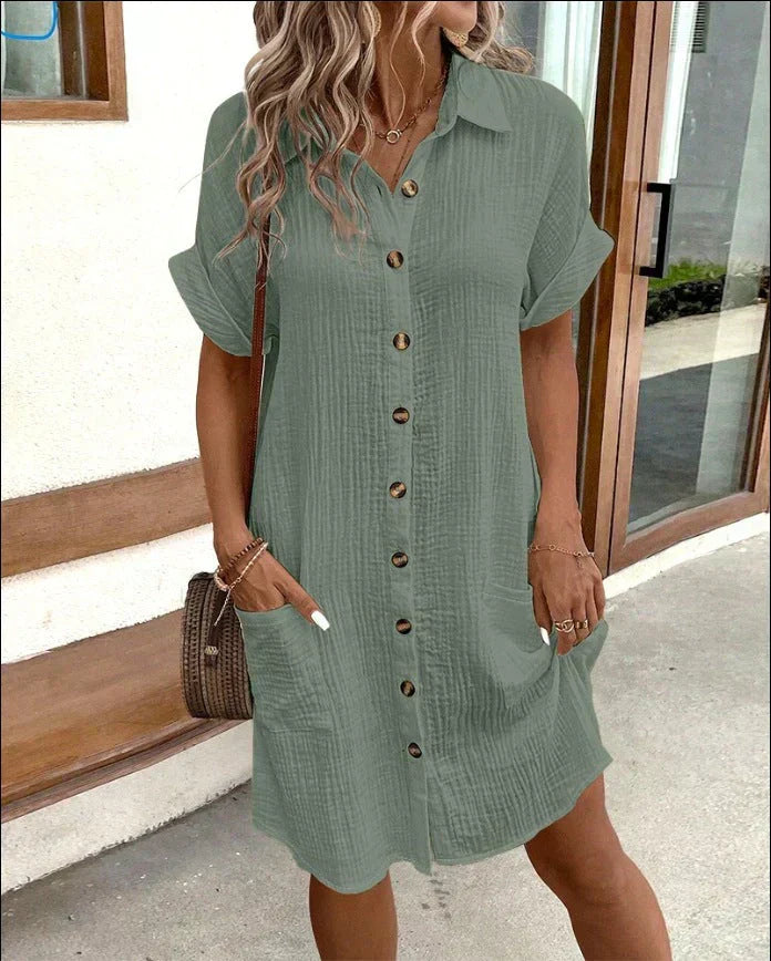 Cotton Shirt Dress with Button Closure and Patched Pockets – Casual Summer Style – Knee-Length 3