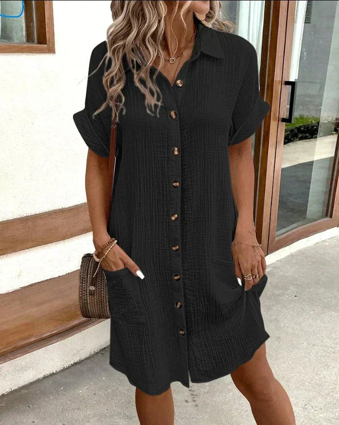 Cotton Shirt Dress with Button Closure and Patched Pockets – Casual Summer Style – Knee-Length 4