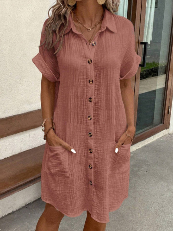 Cotton Shirt Dress with Button Closure and Patched Pockets – Casual Summer Style – Knee-Length 5