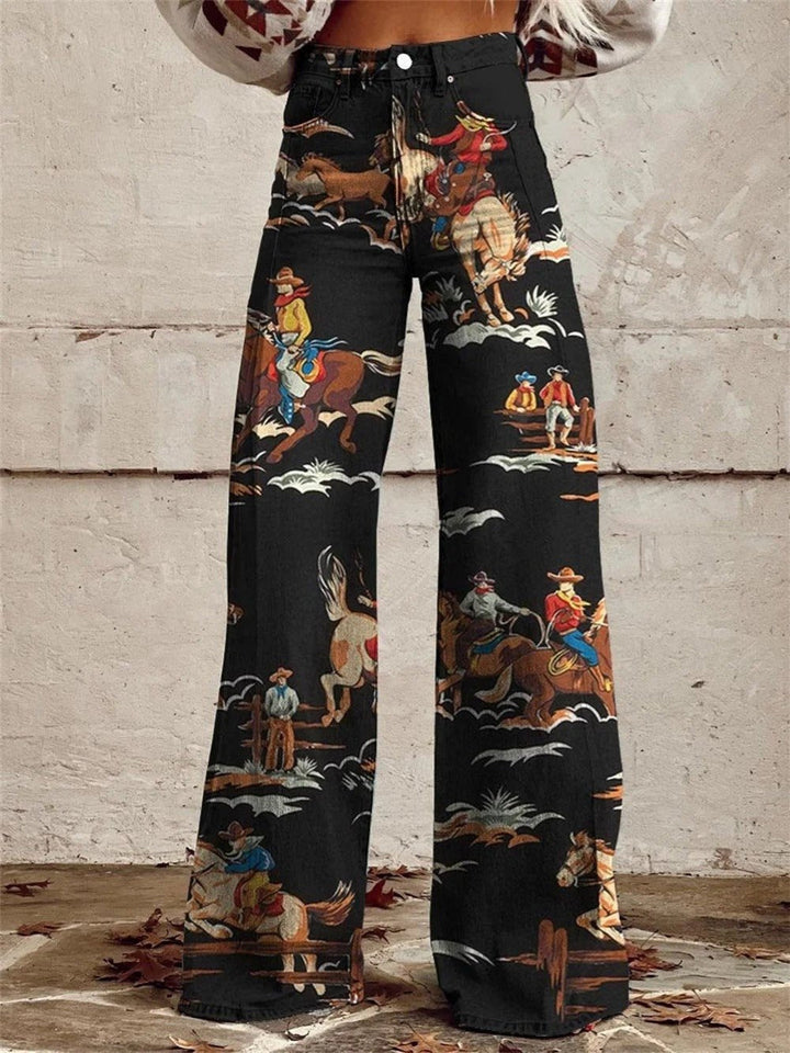 High-waist denim wide leg pants for women featuring a stylish western print, perfect for casual and comfortable wear. 0