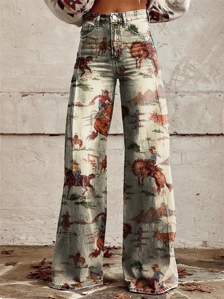 High-waist denim wide leg pants for women featuring a stylish western print, perfect for casual and comfortable wear. 1