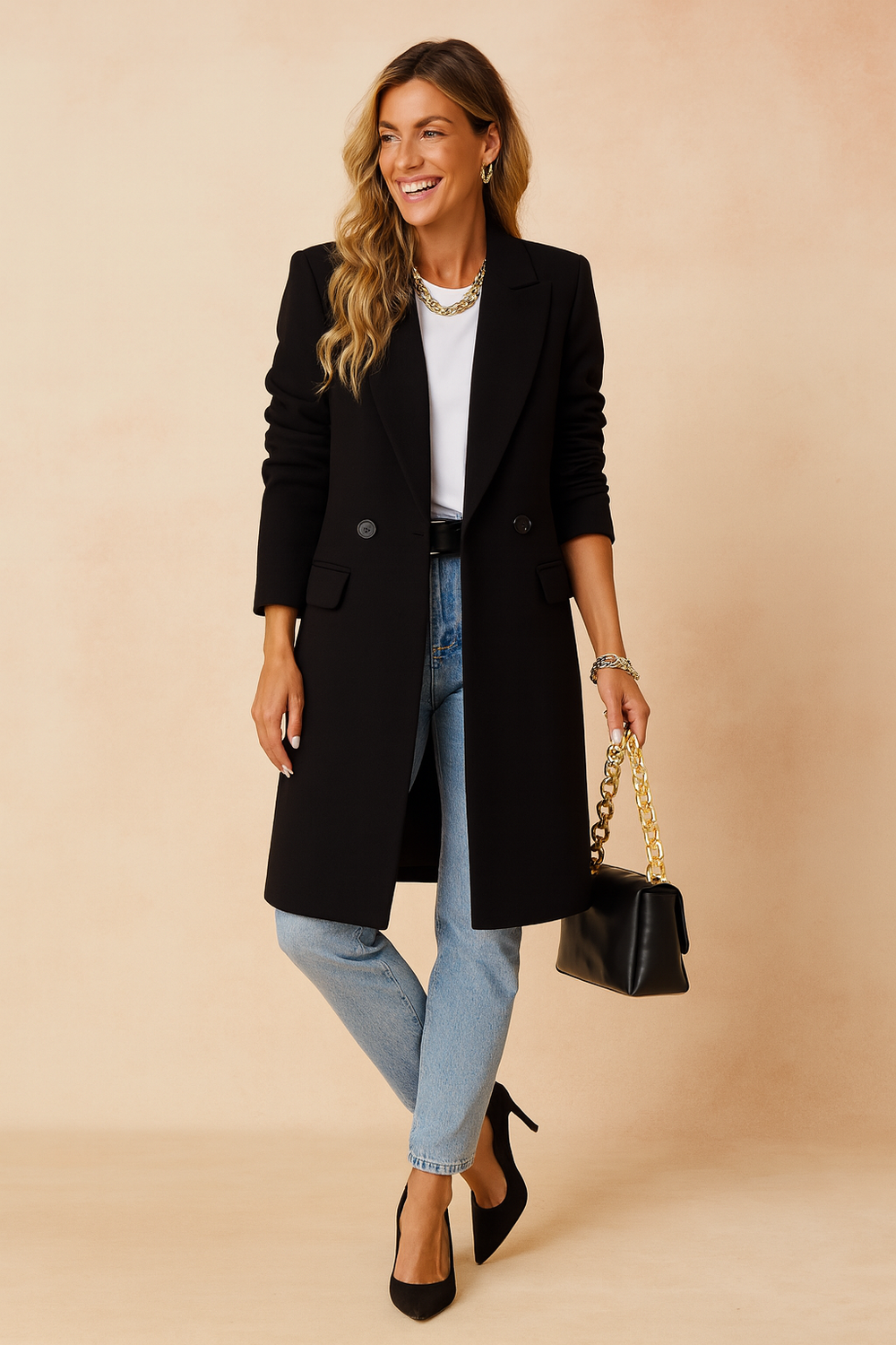 Double-Breasted Women's Coat with Elegant Collar and Decorative Buttons – Classic Style, Practical Pockets 1
