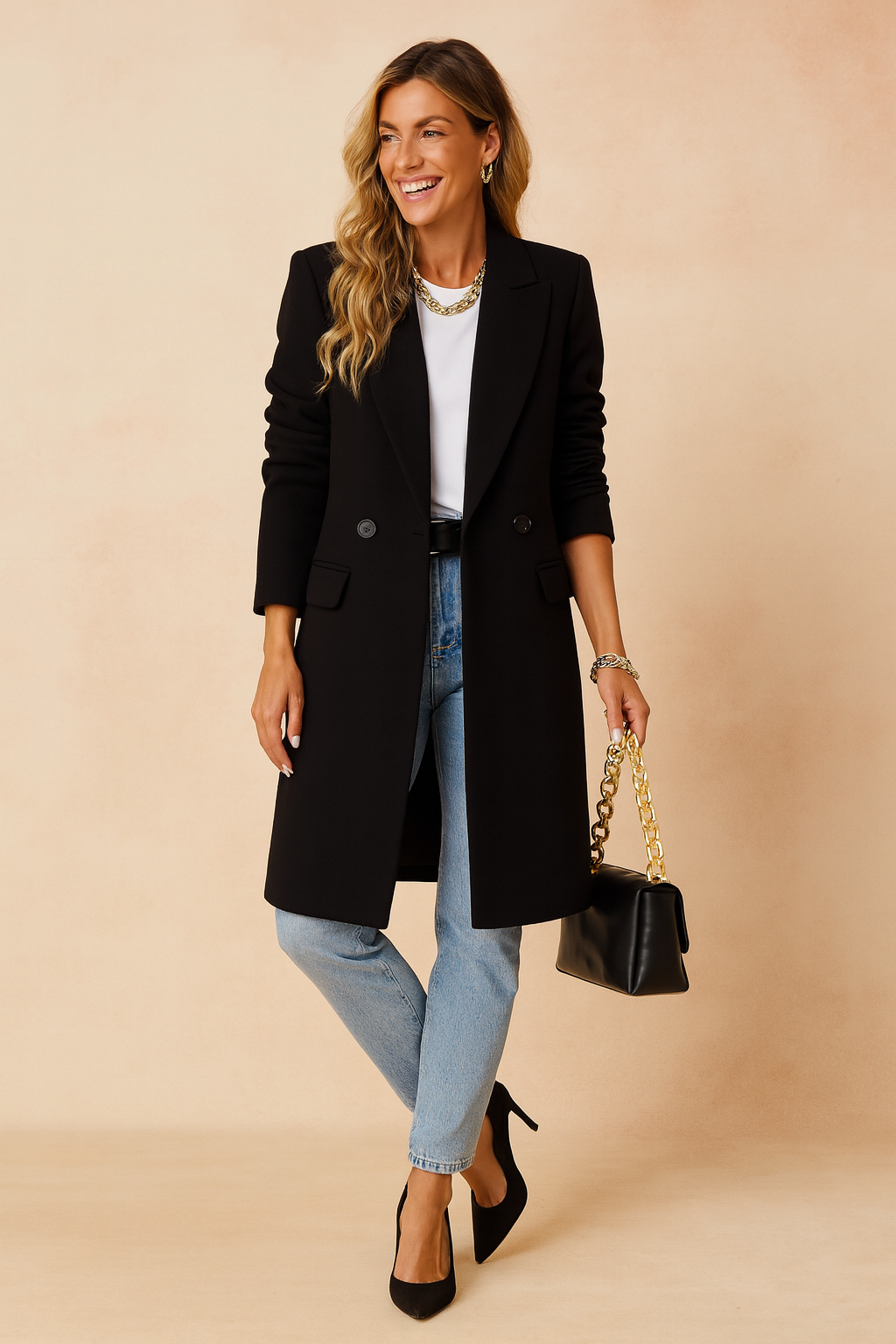 Double-Breasted Women's Coat with Elegant Collar and Decorative Buttons – Classic Style, Practical Pockets 1