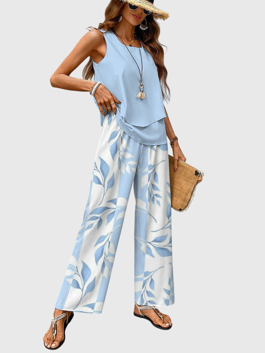 Elegant 2-piece summer set featuring a stylish square neckline and a vibrant blue plant print, perfect for warm weather outings. 1