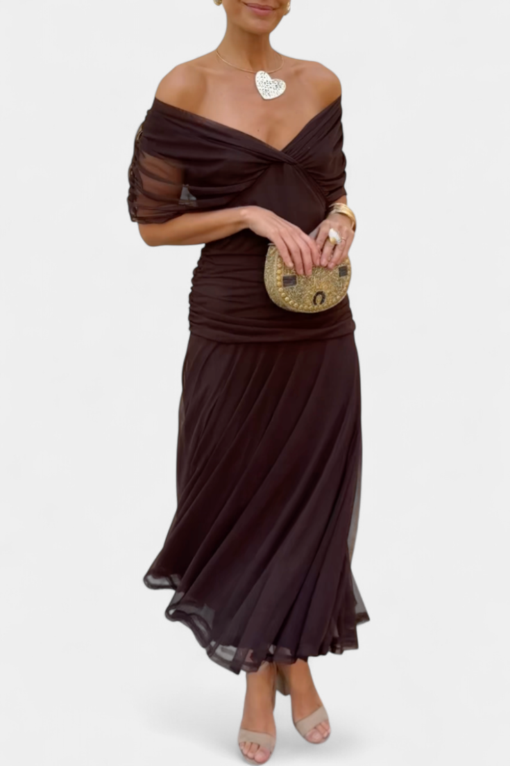 Elegant floral dress featuring a flattering V-neckline, pleated waist, and a long flowing skirt, perfect for any special occasion. 1