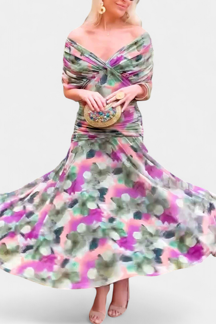 Elegant floral dress featuring a flattering V-neckline, pleated waist, and a long flowing skirt, perfect for any special occasion. 6