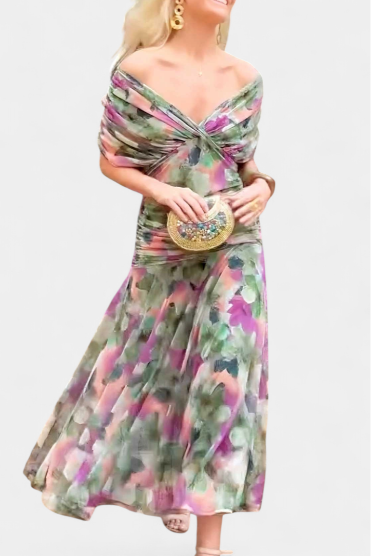 Elegant floral dress featuring a flattering V-neckline, pleated waist, and a long flowing skirt, perfect for any special occasion. 8