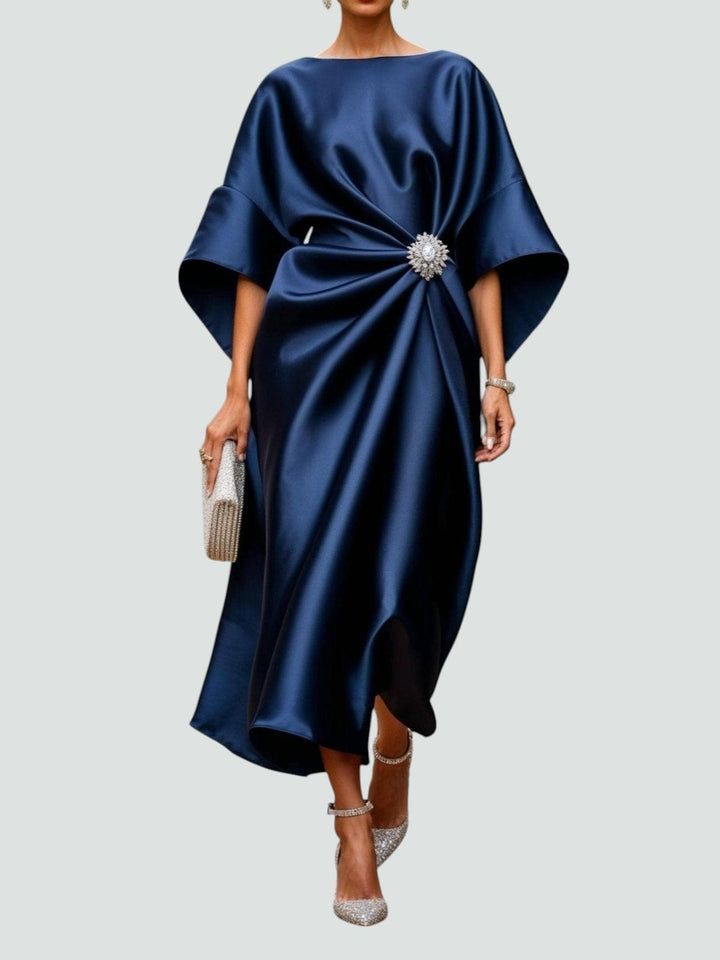 Elegant Maxi Dress with Draped Design and Brooch Detail – Long Sleeve Plus Size Evening Gown for Women 0
