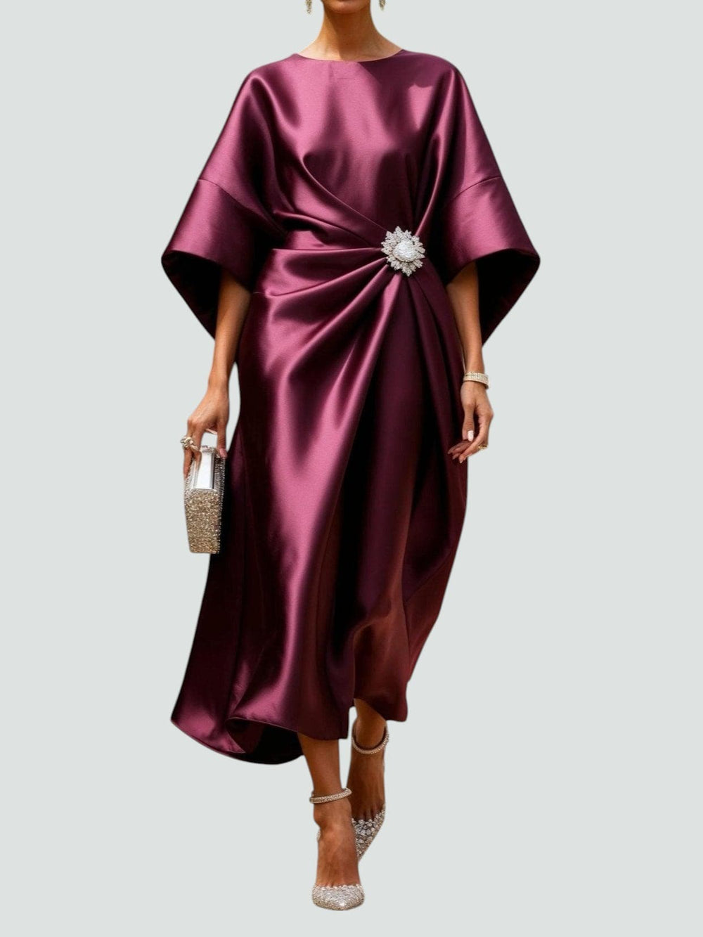 Elegant Maxi Dress with Draped Design and Brooch Detail – Long Sleeve Plus Size Evening Gown for Women 1