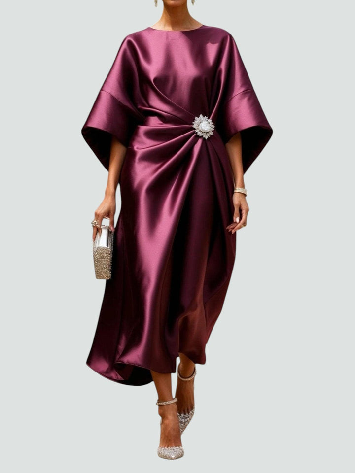 Elegant Maxi Dress with Draped Design and Brooch Detail – Long Sleeve Plus Size Evening Gown for Women 1