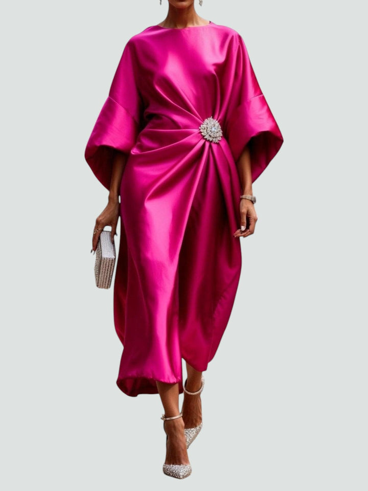 Elegant Maxi Dress with Draped Design and Brooch Detail – Long Sleeve Plus Size Evening Gown for Women 3