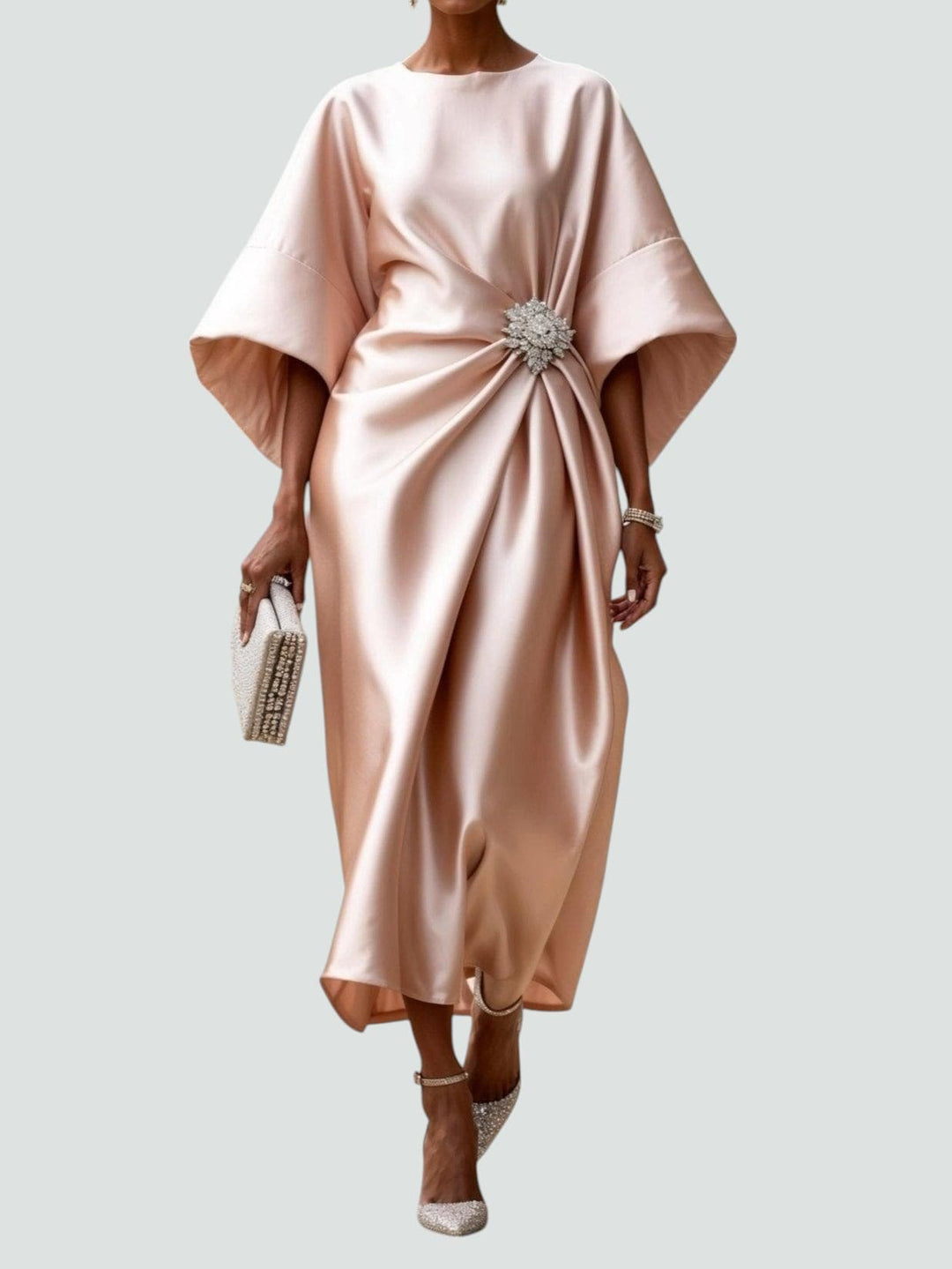 Elegant Maxi Dress with Draped Design and Brooch Detail – Long Sleeve Plus Size Evening Gown for Women 4