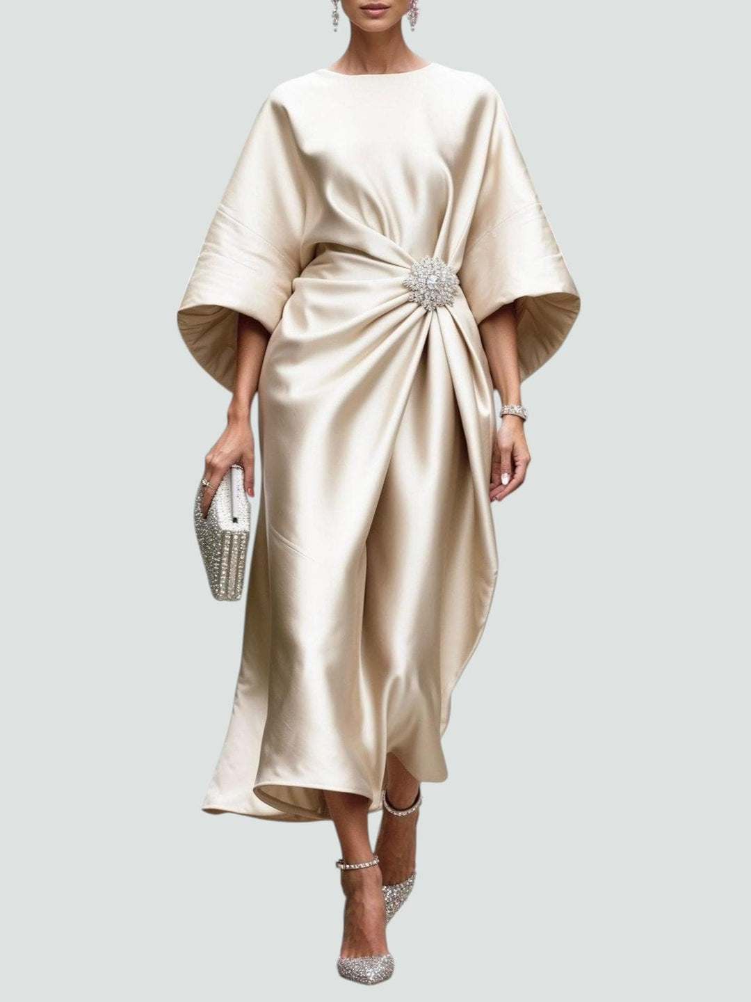 Elegant Maxi Dress with Draped Design and Brooch Detail – Long Sleeve Plus Size Evening Gown for Women 5