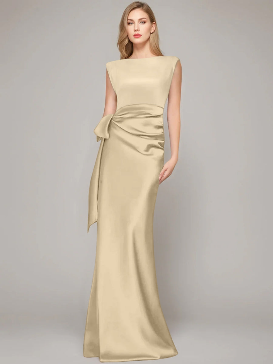 Elegant floor-length champagne satin sheath dress for the mother of the bride, featuring a stylish bow and shoulder pads for a sophisticated look. 0