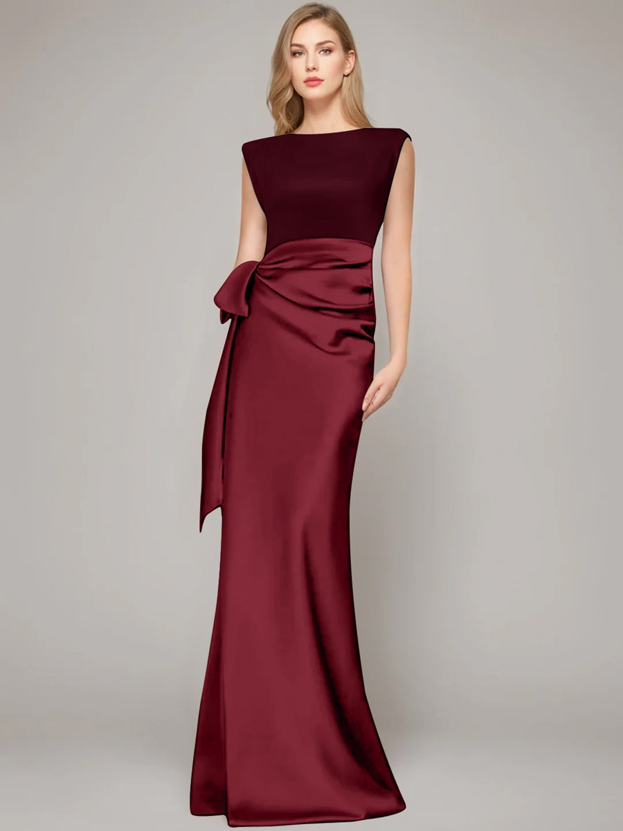 Elegant floor-length champagne satin sheath dress for the mother of the bride, featuring a stylish bow and shoulder pads for a sophisticated look. 3