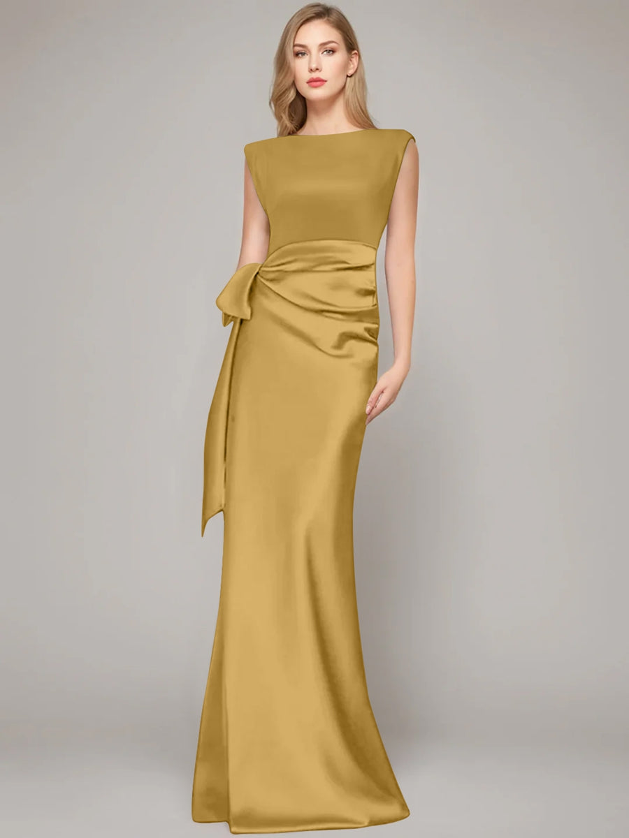 Elegant floor-length champagne satin sheath dress for the mother of the bride, featuring a stylish bow and shoulder pads for a sophisticated look. 8