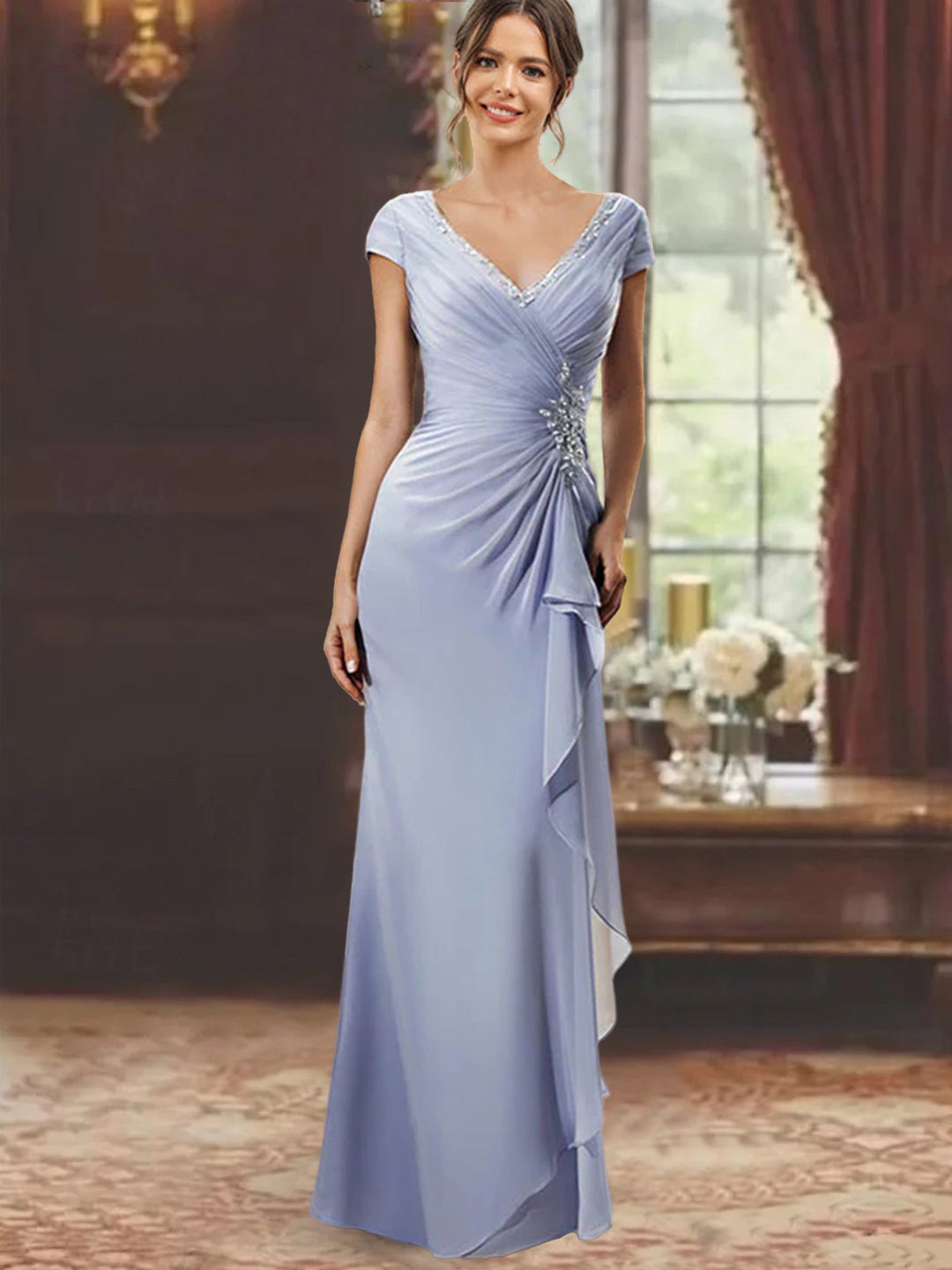 Floor-Length Mother of the Bride Dress with Ruffles and Appliques – Lavender Chiffon V-Neck 0