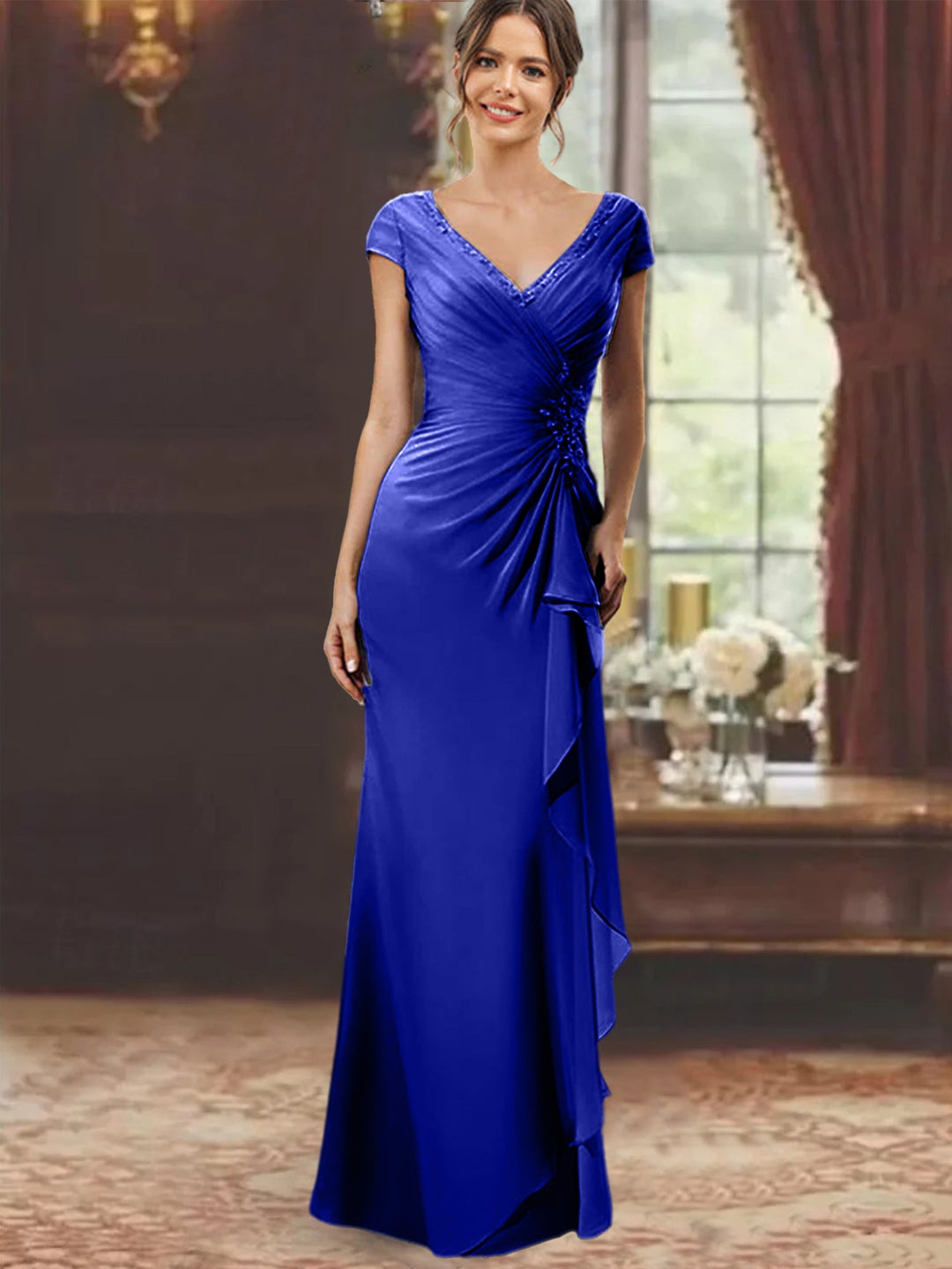 Floor-Length Mother of the Bride Dress with Ruffles and Appliques – Lavender Chiffon V-Neck 16