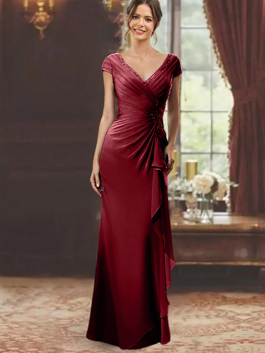 Floor-Length Mother of the Bride Dress with Ruffles and Appliques – Lavender Chiffon V-Neck 24