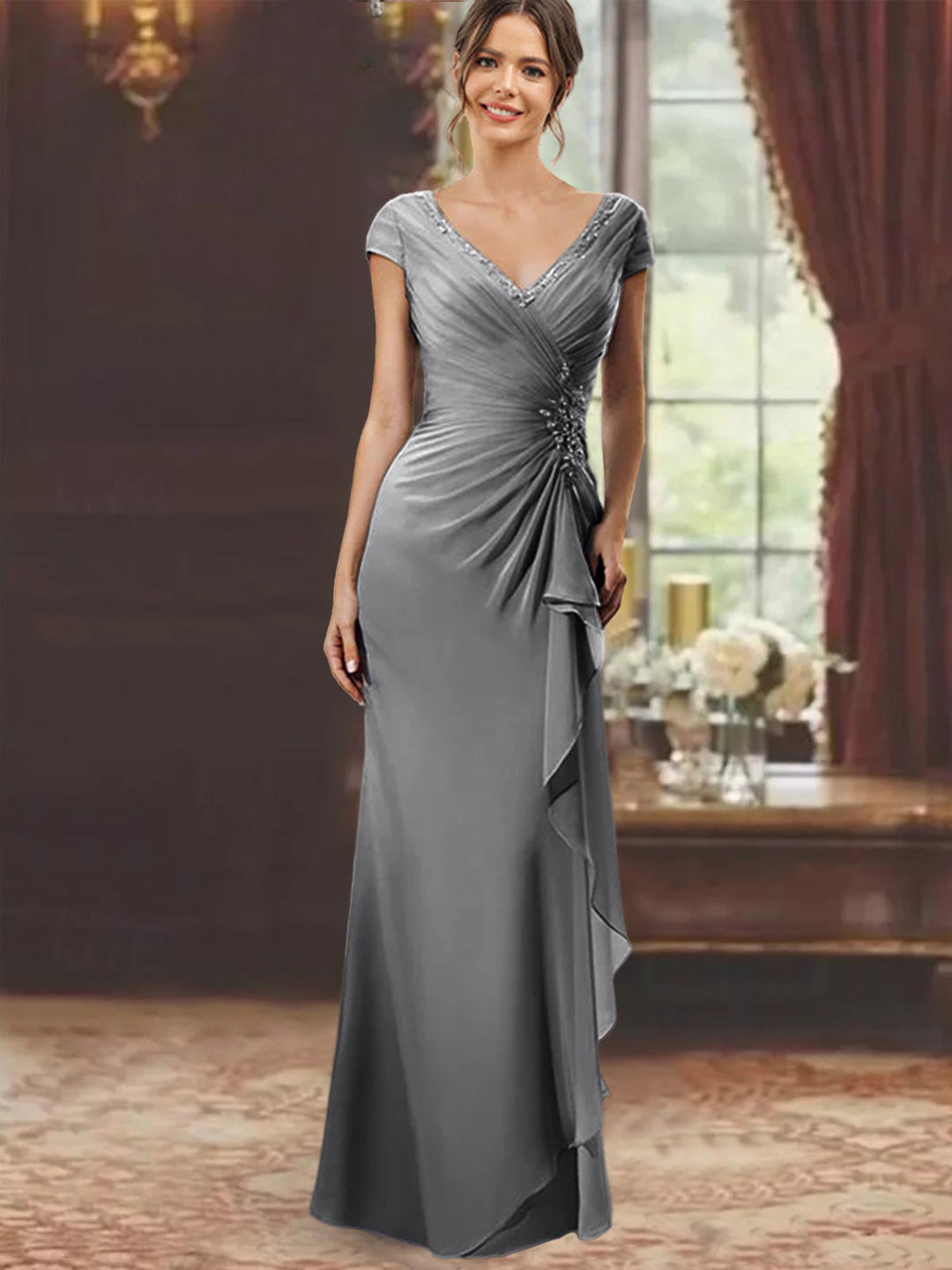 Floor-Length Mother of the Bride Dress with Ruffles and Appliques – Lavender Chiffon V-Neck 42