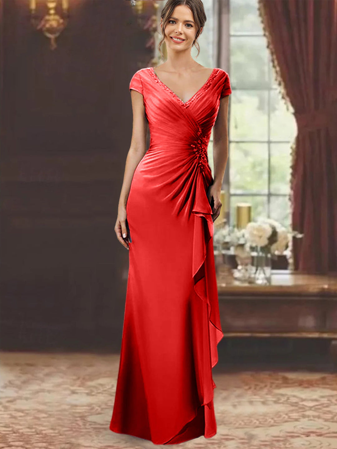 Floor-Length Mother of the Bride Dress with Ruffles and Appliques – Lavender Chiffon V-Neck 58