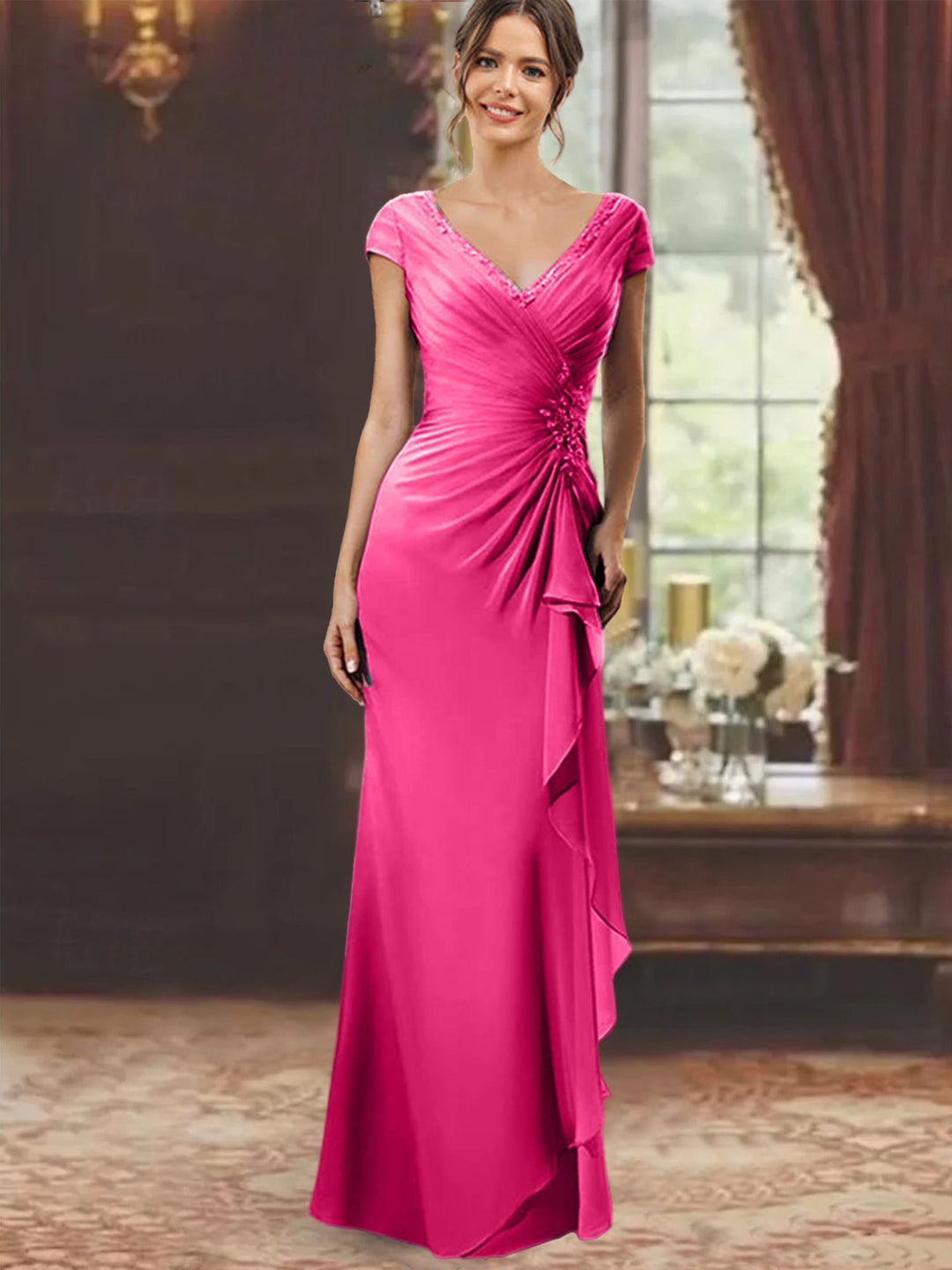 Floor-Length Mother of the Bride Dress with Ruffles and Appliques – Lavender Chiffon V-Neck 6