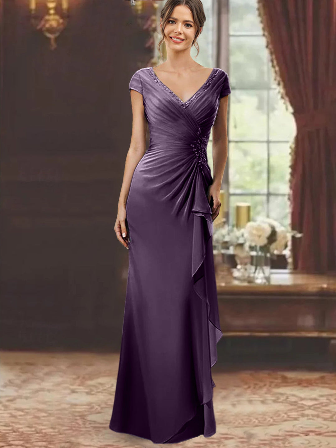 Floor-Length Mother of the Bride Dress with Ruffles and Appliques – Lavender Chiffon V-Neck 8