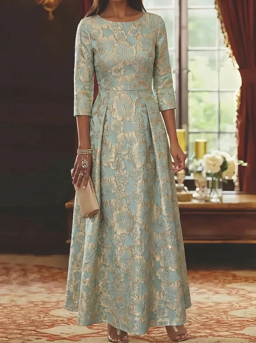 Floral Jacquard Mother of the Bride Dress featuring a scoop neckline and 3/4 sleeves, designed in an ankle-length A-line silhouette for 0