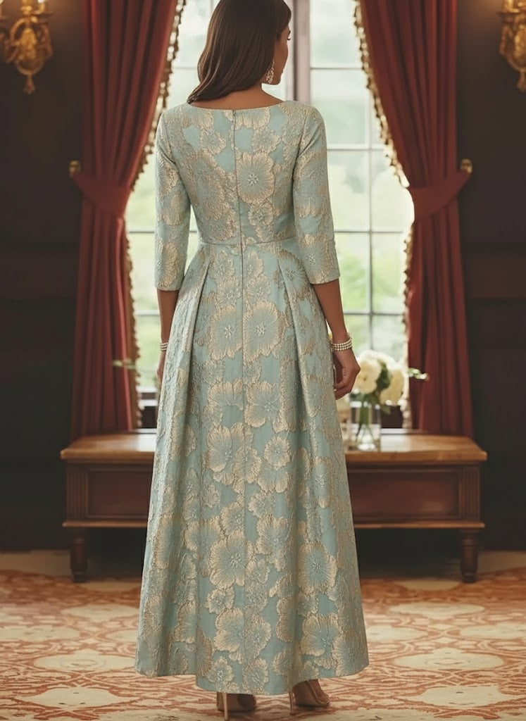 Floral Jacquard Mother of the Bride Dress featuring a scoop neckline and 3/4 sleeves, designed in an ankle-length A-line silhouette for 1