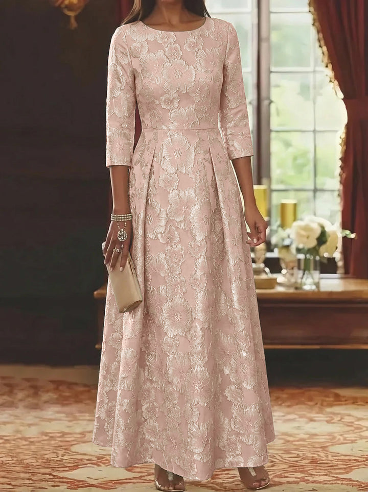 Floral Jacquard Mother of the Bride Dress featuring a scoop neckline and 3/4 sleeves, designed in an ankle-length A-line silhouette for 3