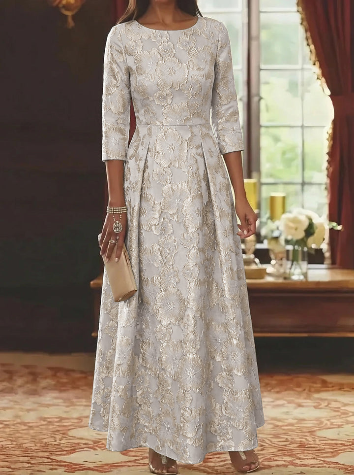 Floral Jacquard Mother of the Bride Dress featuring a scoop neckline and 3/4 sleeves, designed in an ankle-length A-line silhouette for 4