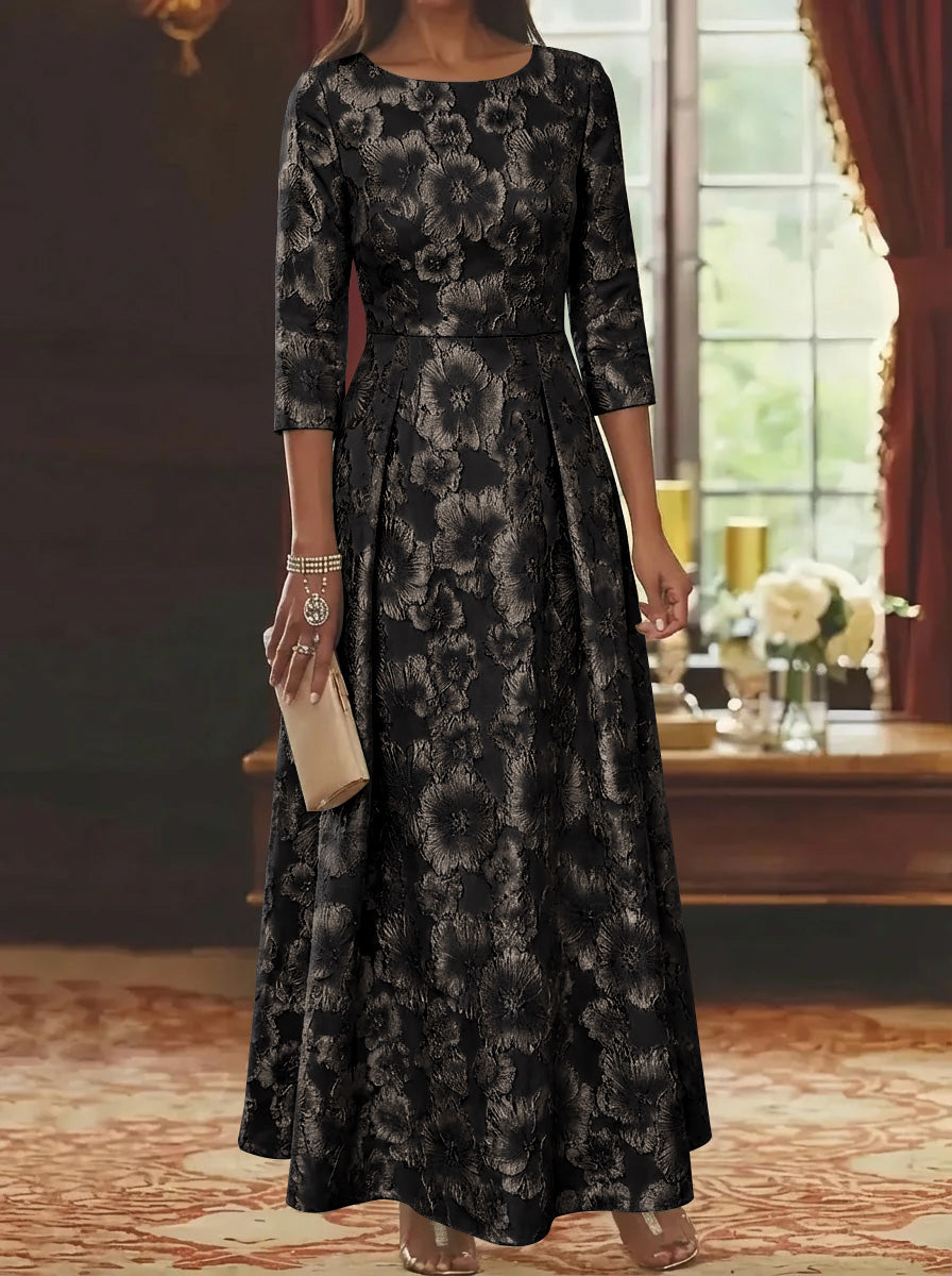 Floral Jacquard Mother of the Bride Dress featuring a scoop neckline and 3/4 sleeves, designed in an ankle-length A-line silhouette for 5