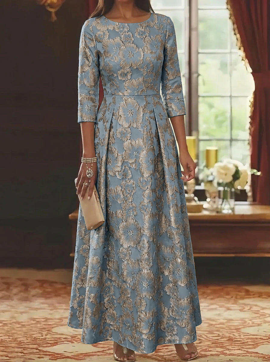 Floral Jacquard Mother of the Bride Dress featuring a scoop neckline and 3/4 sleeves, designed in an ankle-length A-line silhouette for 6