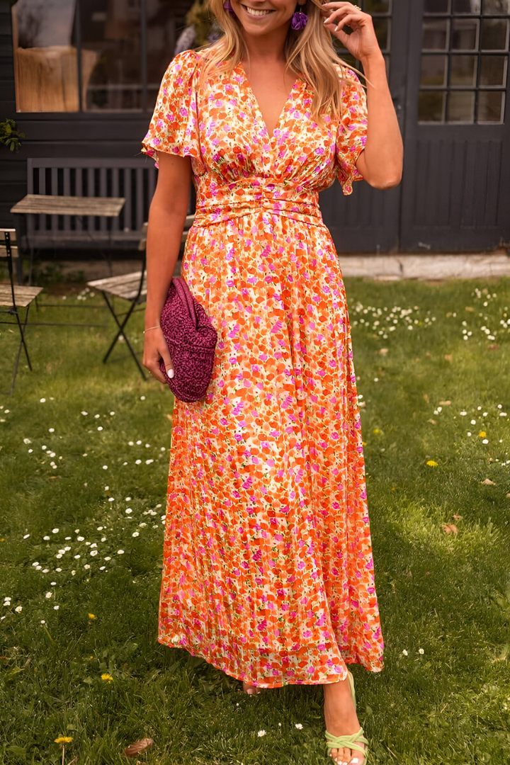 Floral Maxi Dress with Short Sleeves and V-Neck – Elegant Summer Long Dress for Women 0