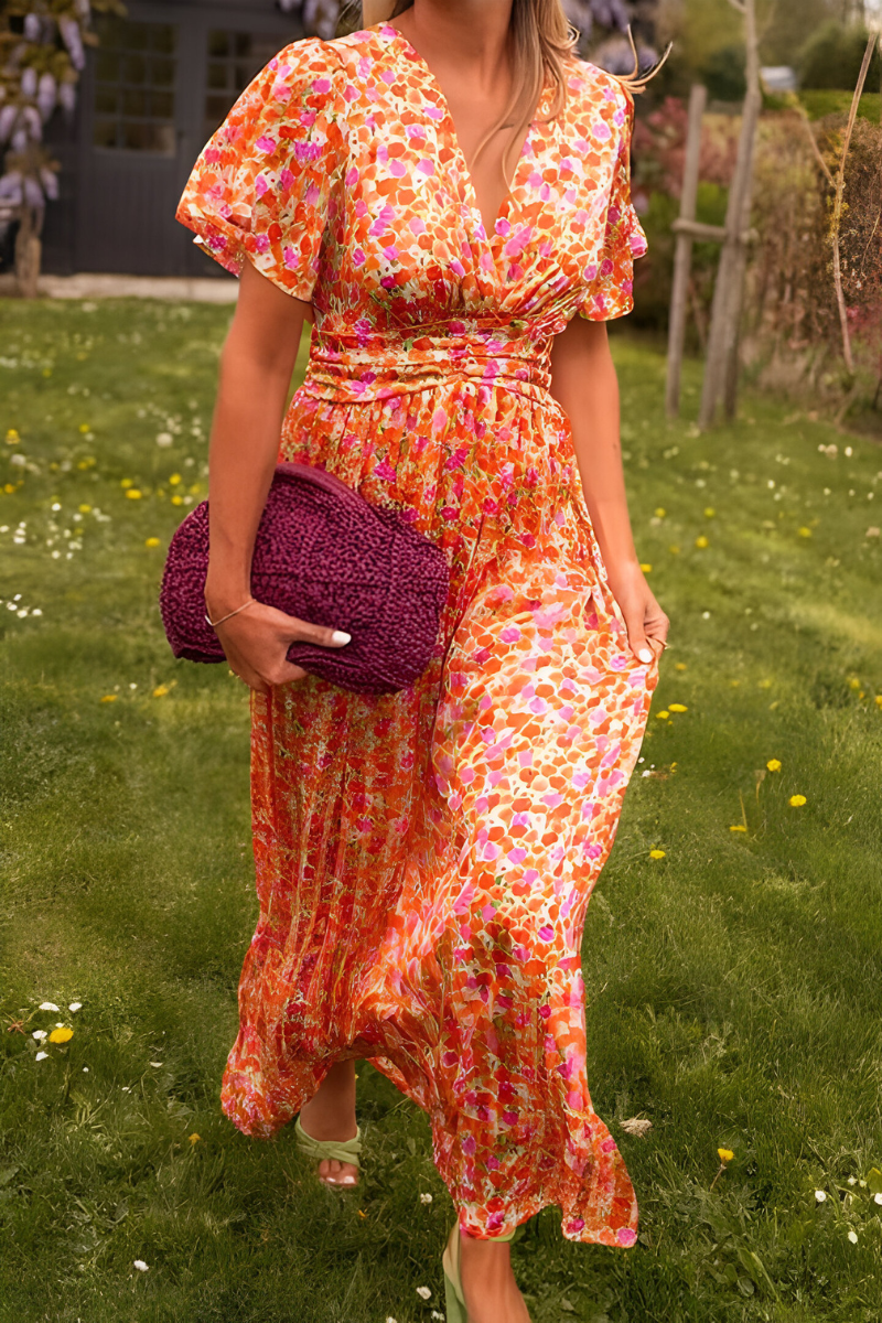 Floral Maxi Dress with Short Sleeves and V-Neck – Elegant Summer Long Dress for Women 1